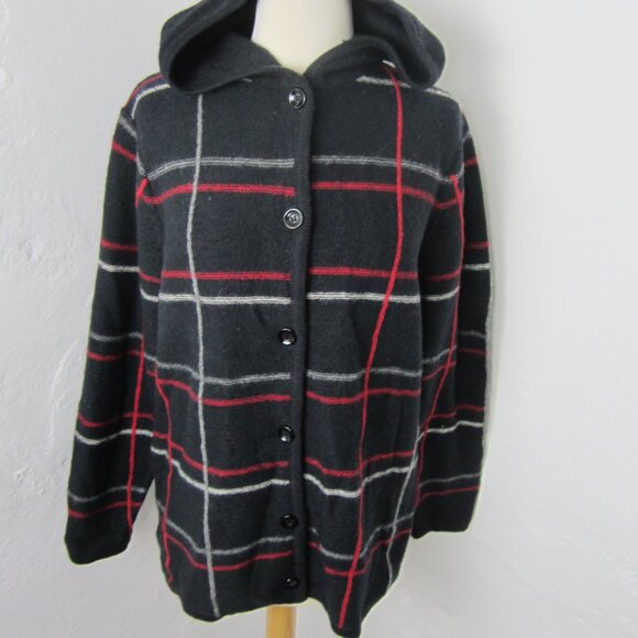 Vintage Cherokee Women's Size Small Black Plaid Wool Hooded Button Up Cardigan - Picture 3 of 7